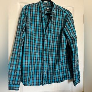 H&M Men's Plaid Beige Black blue Button up shirt Long Sleeve 100% COTTON XL